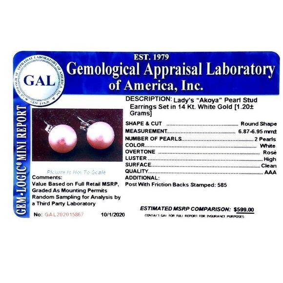 Akoya Pearl Stud Earrings 14k White Gold 6.95 mm Certified $599 015867 - Picture 7 of 12